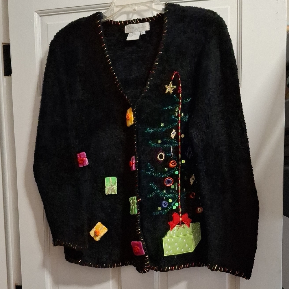 Holiday Black Cardigan with Christmas Tree Design